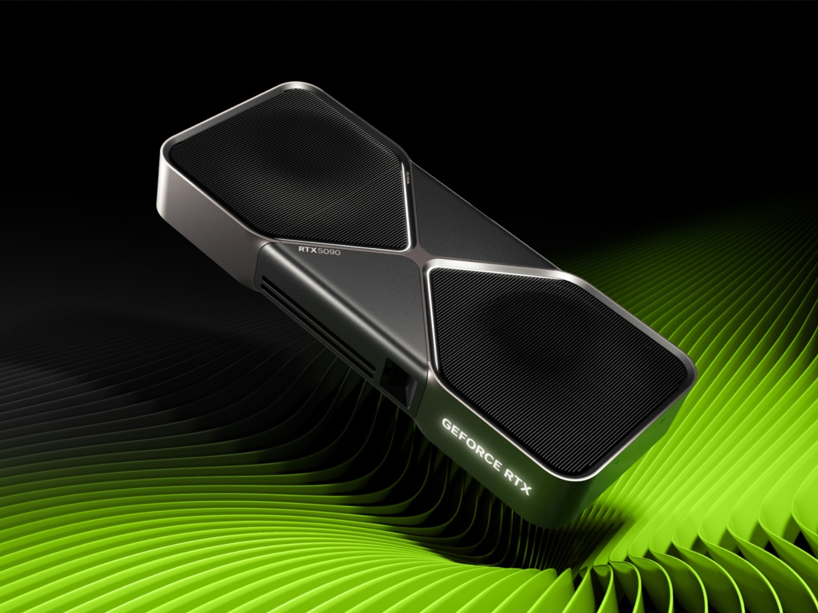 La carte graphique NVIDIA GeForce RTX 5090 affichée sur un fond vert et noir dynamique.