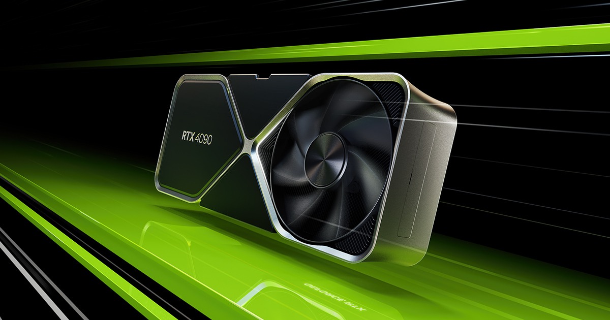 L'image montre une carte graphique NVIDIA GeForce RTX 4090 avec un design noir et argent élégant, mise en évidence sur un fond vert et noir dynamique.