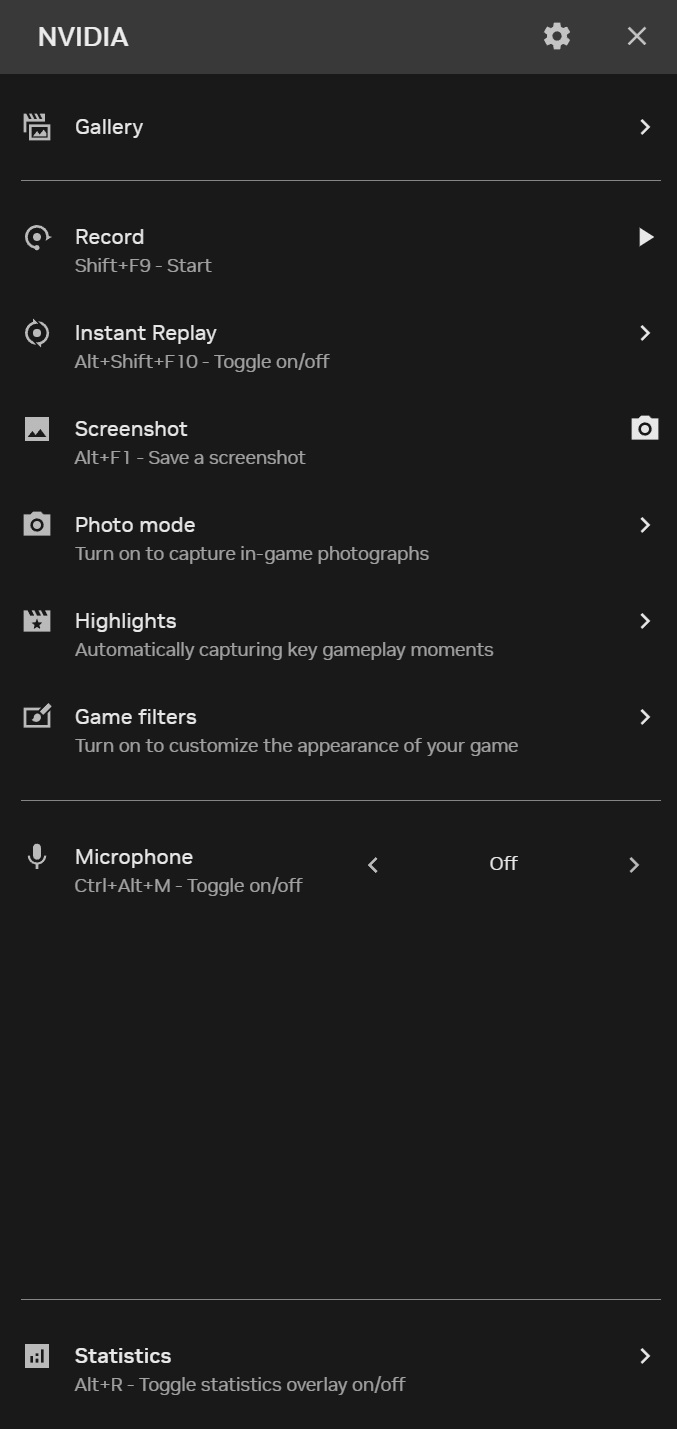 L'image montre un menu de superposition NVIDIA avec des options pour 'Gallery', 'Record', 'Instant Replay', 'Screenshot', 'Photo mode', 'Highlights', 'Game filters', 'Microphone' et 'Statistics'.