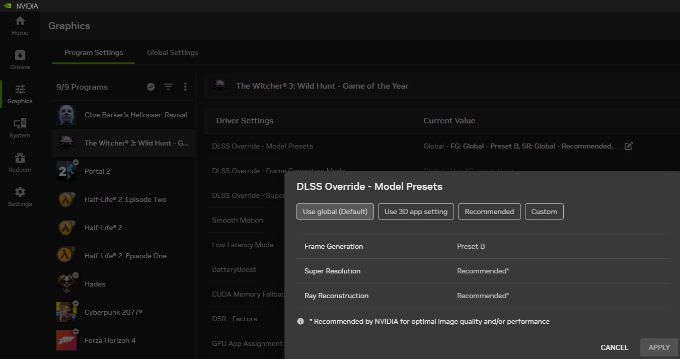 Le panneau de configuration NVIDIA affiche les paramètres de Substitution DLSS pour 'The Witcher 3: Wild Hunt - Game of the Year', avec les options pour la génération d'images définies sur 'Préréglage B' et la super résolution et la reconstruction de rayons définies sur 'Recommandé'.