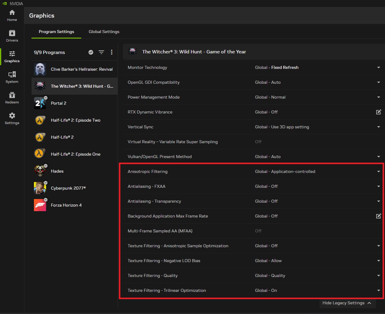 Le Panneau de configuration NVIDIA montrant les paramètres graphiques pour 'The Witcher 3: Wild Hunt - Game of the Year' avec le filtrage anisotrope défini sur 'Global - Contrôlé par l'application'.