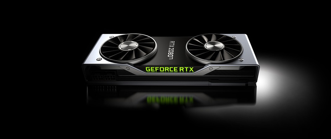 Une carte graphique NVIDIA GeForce RTX 2080 Ti avec deux ventilateurs est montrée sur un fond sombre.