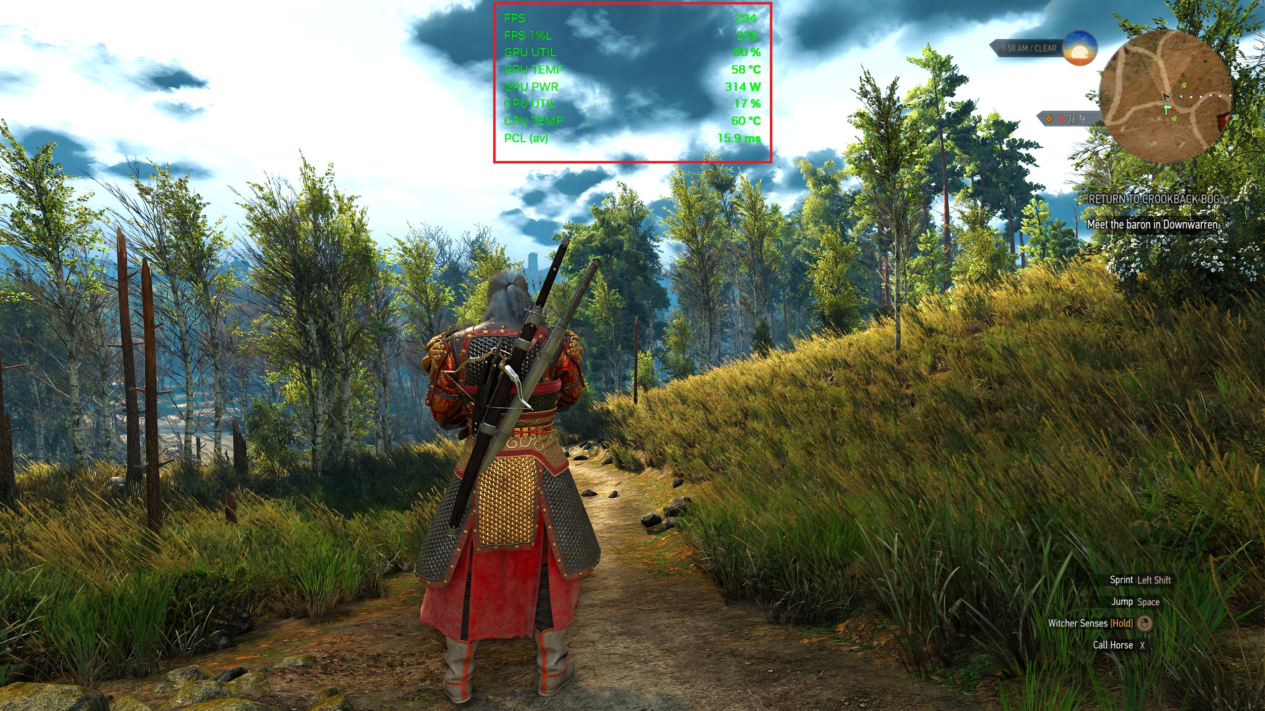 Un personnage dans The Witcher 3: Wild Hunt se tient dans une forêt avec des métriques de performance à l'écran montrant 'FPS 294' et 'GPU UTIL 80%' dans le coin supérieur gauche.