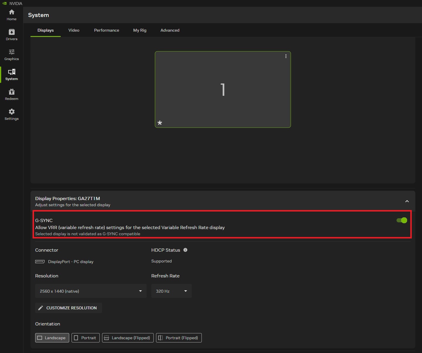 Les paramètres système NVIDIA montrent un affichage nommé GA27T1M avec G-SYNC activé, utilisant une résolution de 2560 x 1440 et un taux de rafraîchissement de 320 Hz.