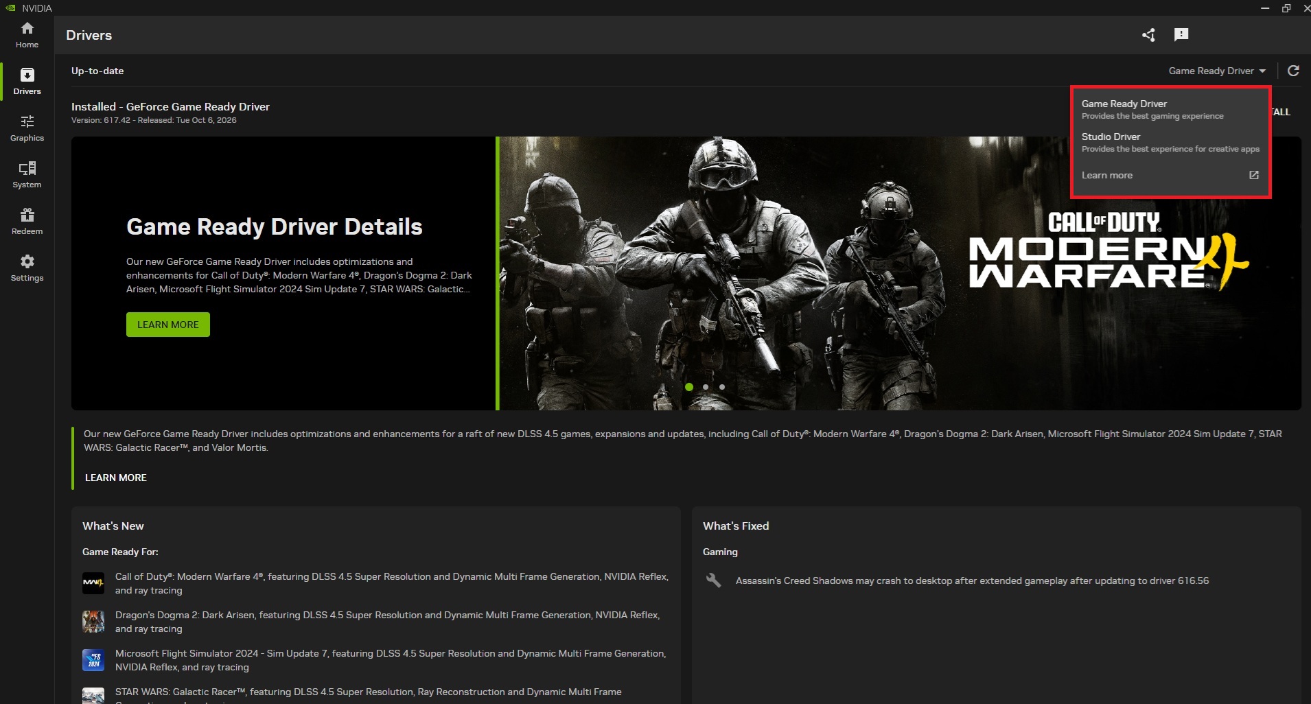 L'interface NVIDIA GeForce Game Ready Driver affiche les détails de la version 617.42, améliorant des jeux comme 'Call of Duty: Modern Warfare 4' et 'Microsoft Flight Simulator 2024 Sim Update 7' avec DLSS 4.5.