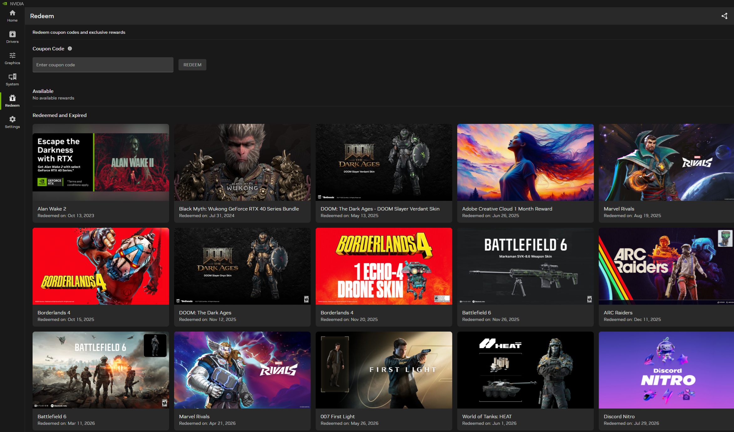 Une sélection de récompenses récupérées dans la page de récupération NVIDIA, présentant des éléments comme 'Alan Wake 2', 'Black Myth: Wukong GeForce RTX 40 Series Bundle' et 'DOOM: The Dark Ages'.