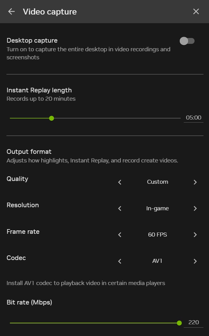 Menu de paramètres montrant les options de capture vidéo avec 'Instant Replay length' défini à 5 minutes, 'Resolution' comme in-game, 'Frame rate' à 60 FPS et 'Codec' comme AV1.