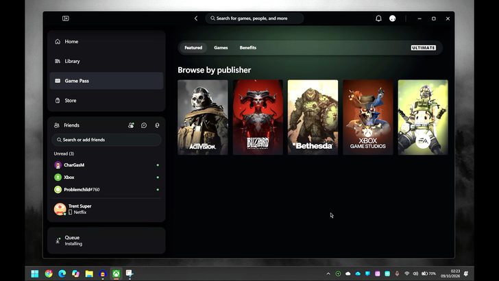 La section Game Pass affiche les logos d'éditeurs comme Activision, Blizzard, Bethesda.