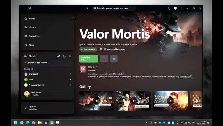L'application Xbox affiche le jeu Valor Mortis en cours d'installation à 61%.
