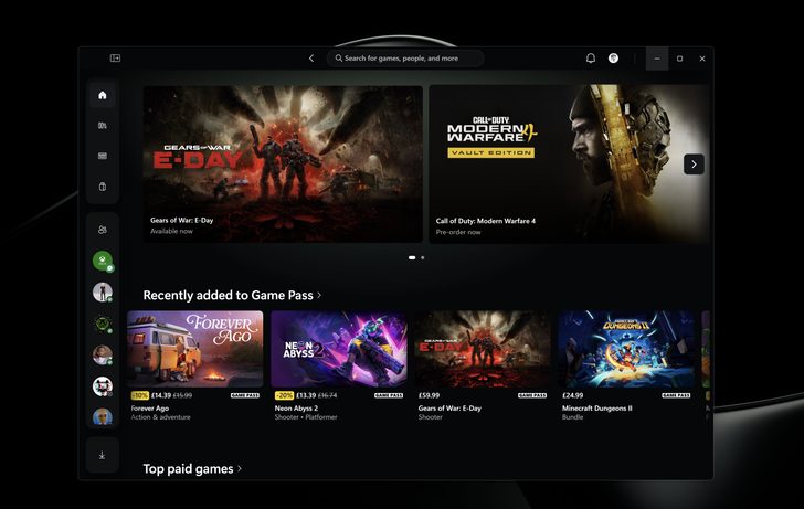 L'interface de jeu met en avant 'Gears of War: E-Day' et 'Call of Duty: Modern Warfare 4', avec une section 'Récemment ajoutés au Game Pass'.