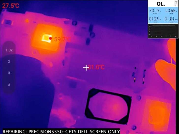An infrared thermal image shows a repair process on a Dell Precision 5550, highlighting a component at '59.7°C' and a screen with voltage and power readings on the top right.