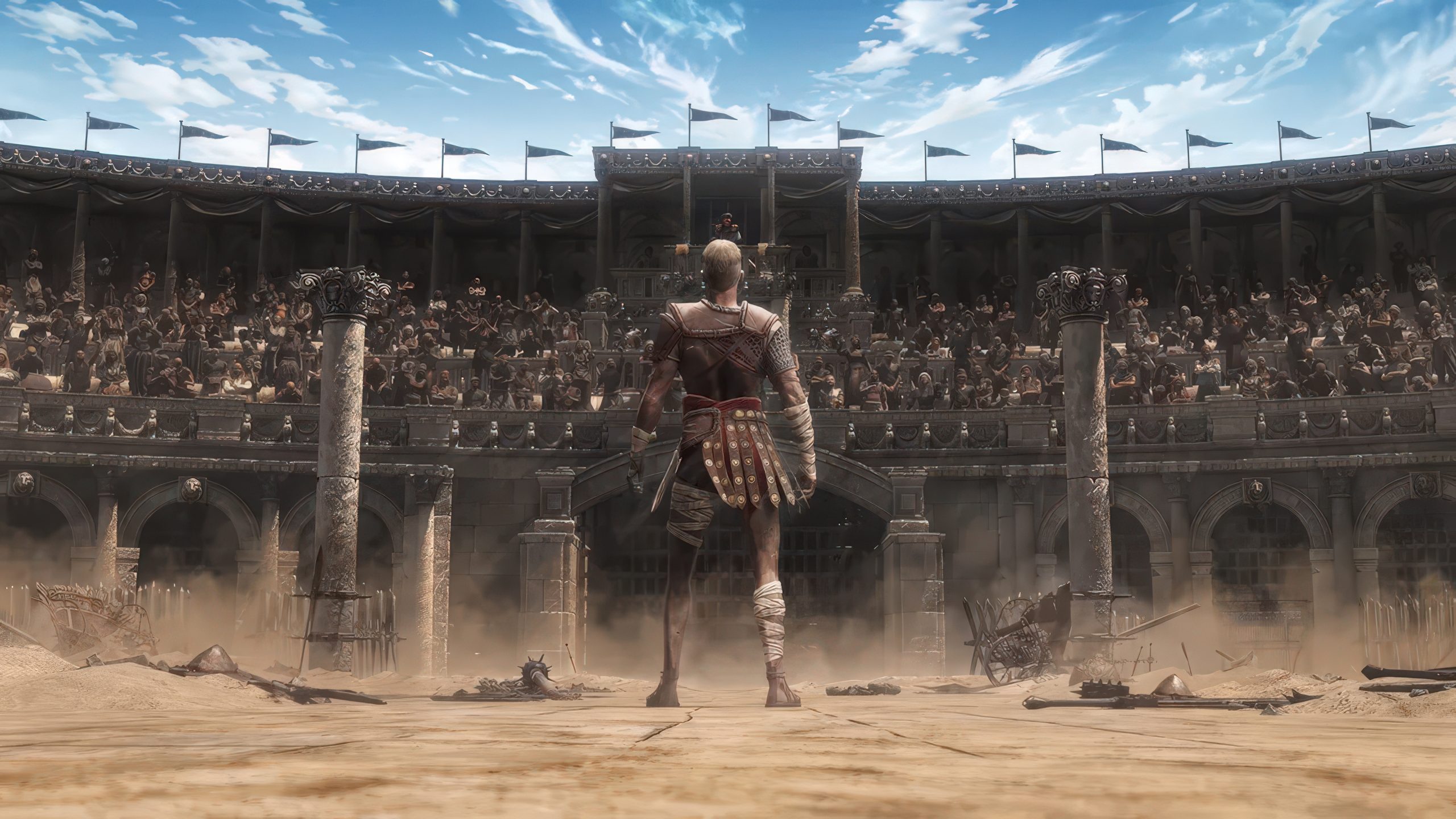 A gladiator stands in the center of a Roman-style arena facing a large, cheering crowd.