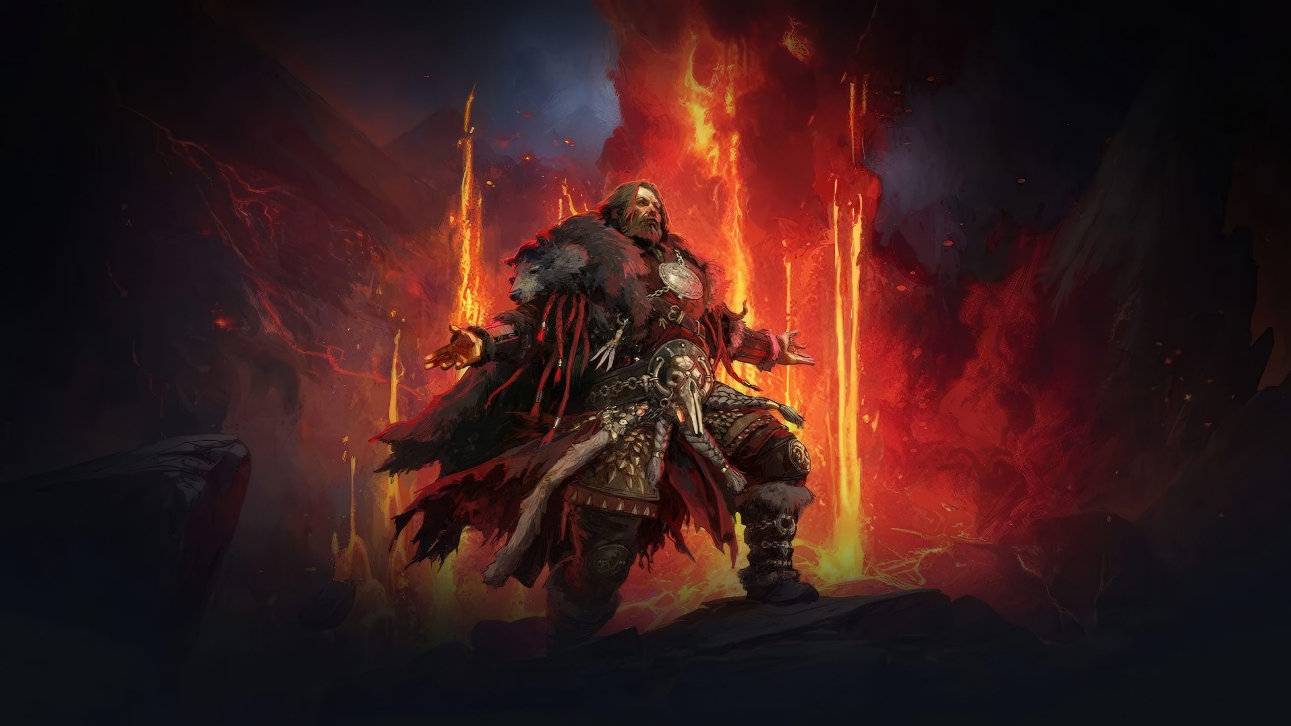 A character clad in Nordic warrior attire stands triumphantly before glowing lava in a dark, mystical setting from the game Diablo IV.