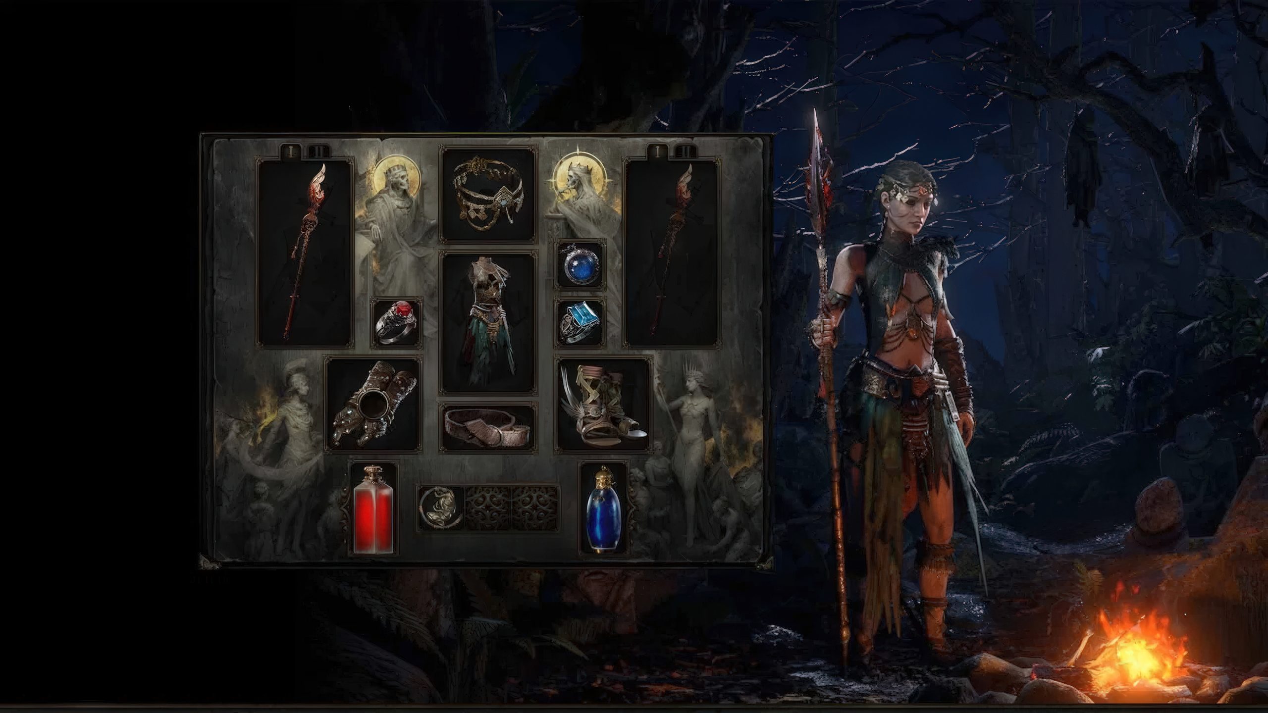 A character in Path of Exile 2 stands by a campfire with a detailed inventory screen displaying various armor and weapons.