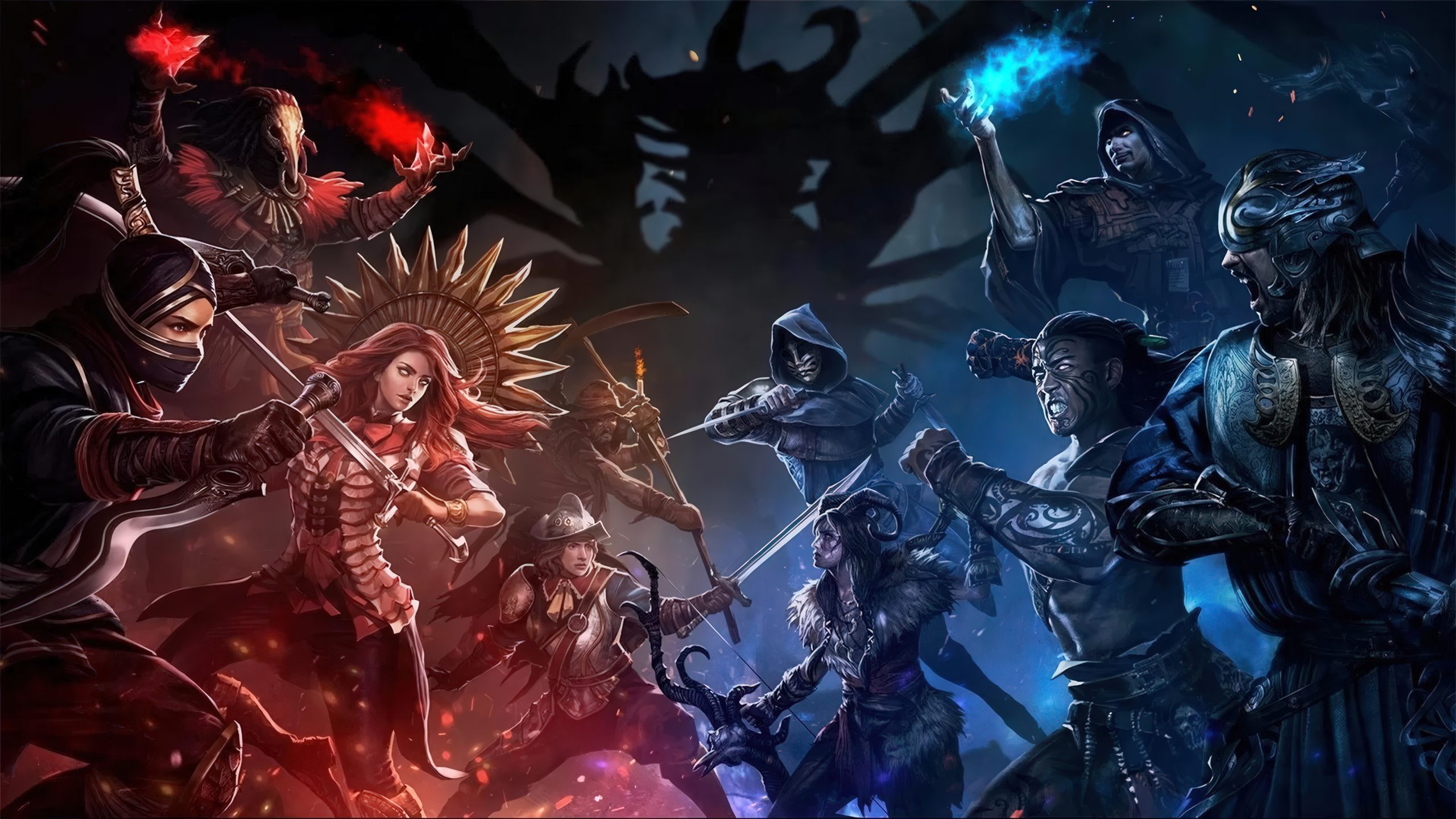 Several fantasy characters, including a ninja, a woman with a crown of spikes, and a hooded figure, engage in a battle scene with glowing red and blue magic in an ominous setting.