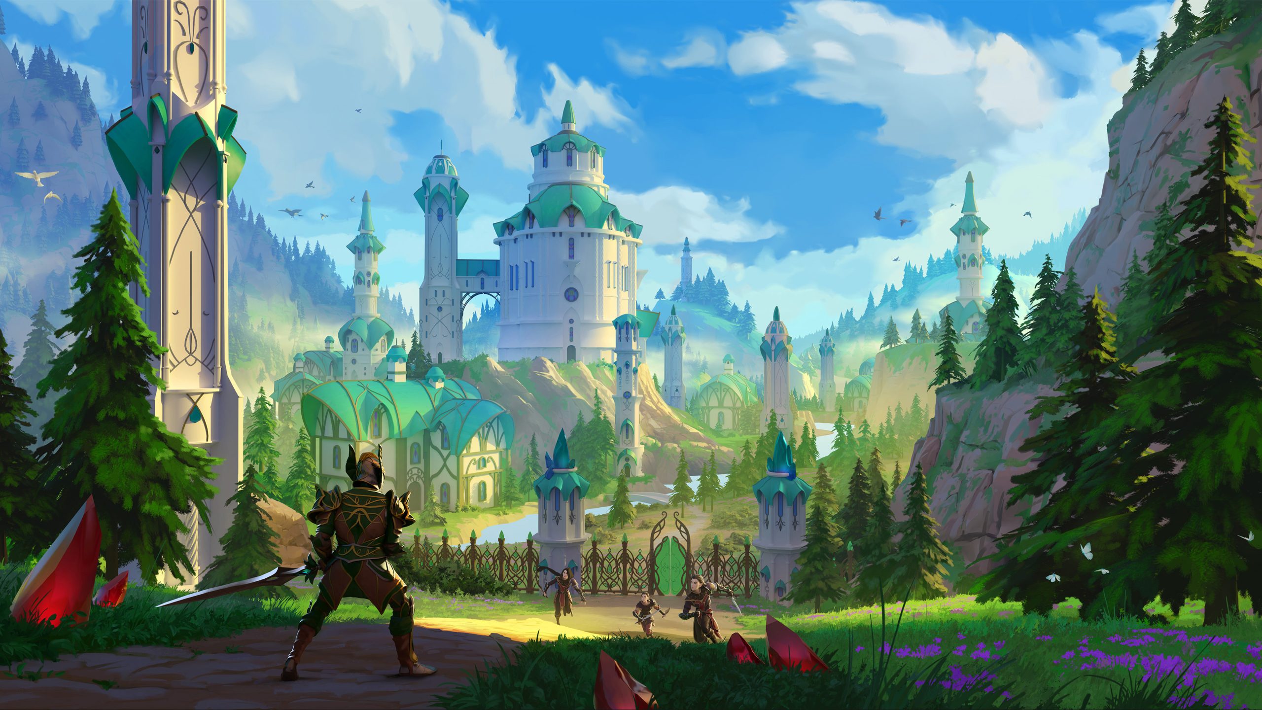 Un personnage en armure brandit une épée face à une ville fortifiée avec de hautes tours et des toits aux reflets verts, entouré d'un paysage forestier.