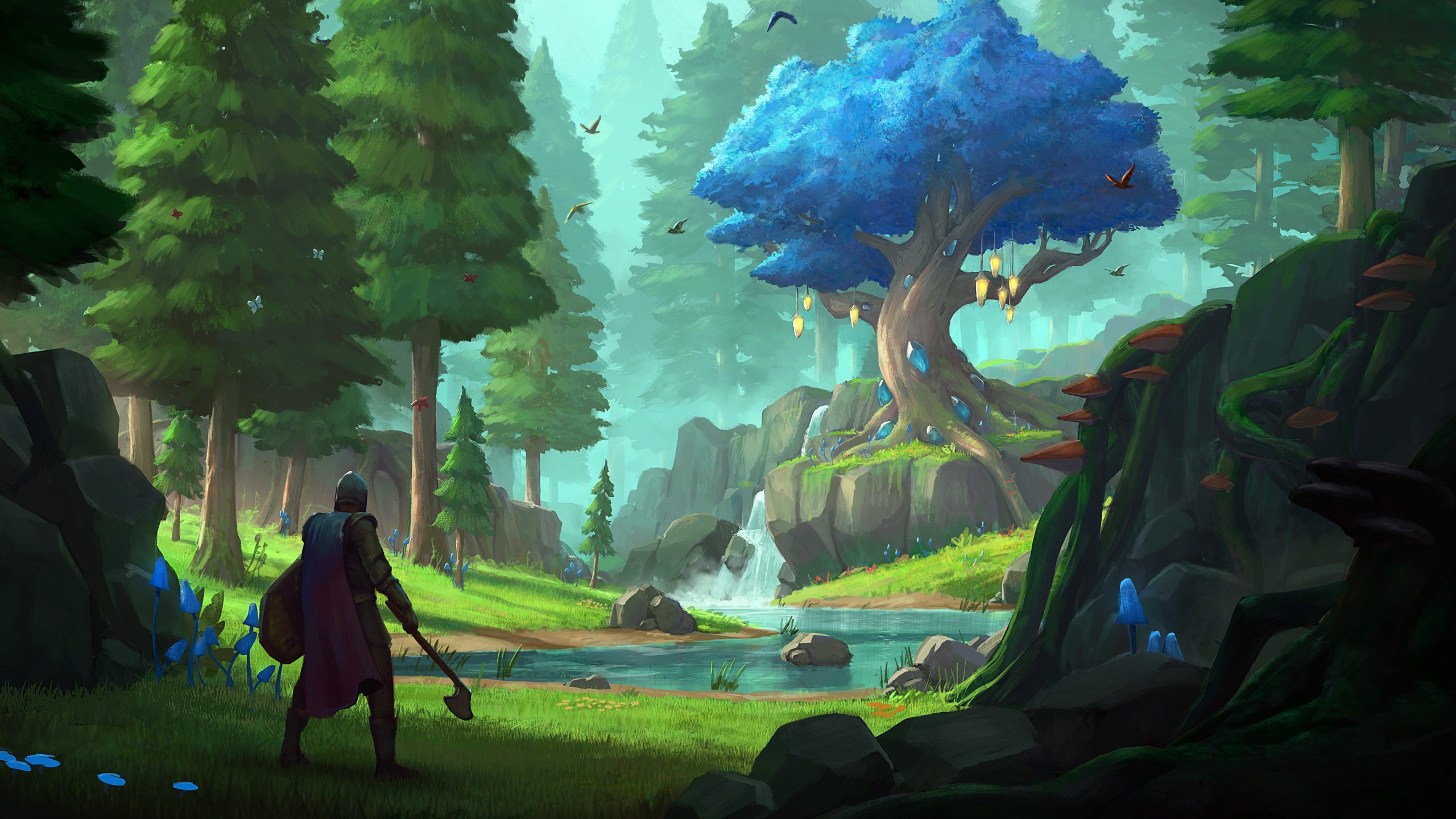Un personnage guerrier se tient dans une forêt mystique avec des arbres imposants et un arbre bleu vif orné de lanternes lumineuses, surplombant une cascade se jetant dans un étang paisible.