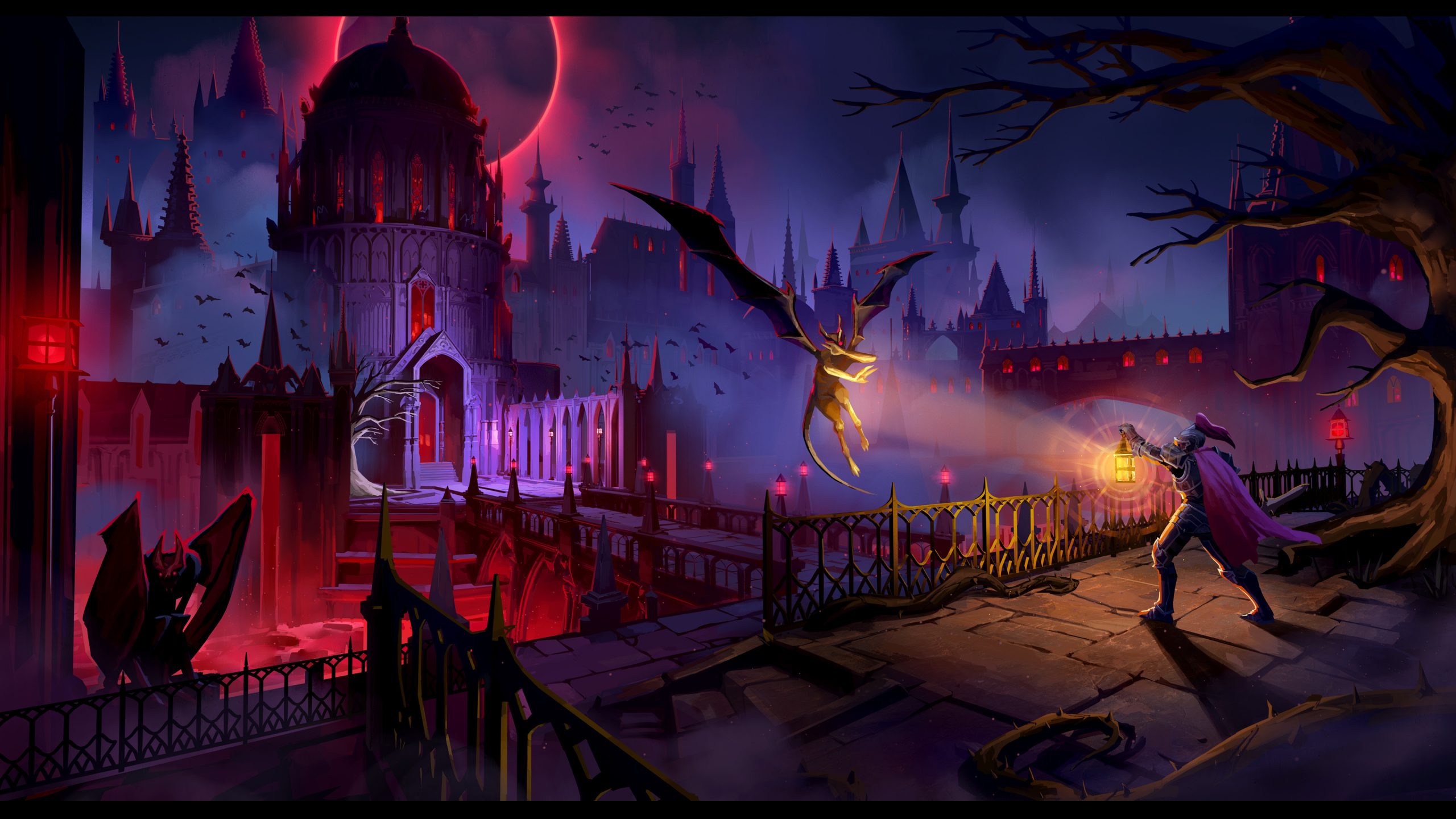 Un chevalier tenant une lanterne lumineuse affronte une créature volante dans un décor de château gothique sombre sous une éclipse rouge.