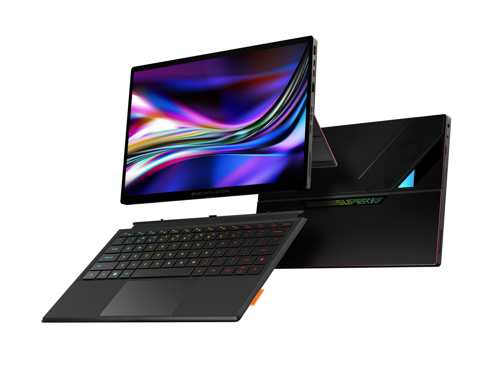 A sleek ONEXPLAYER device with a detachable keyboard and vibrant display is shown, featuring 'SUPERX' branding on the back panel.