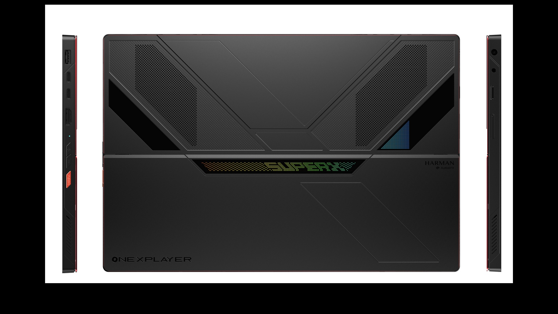 The back panel of the ONEXPLAYER gaming device features branding text 'SUPER' with a Harman AudioEFX logo.