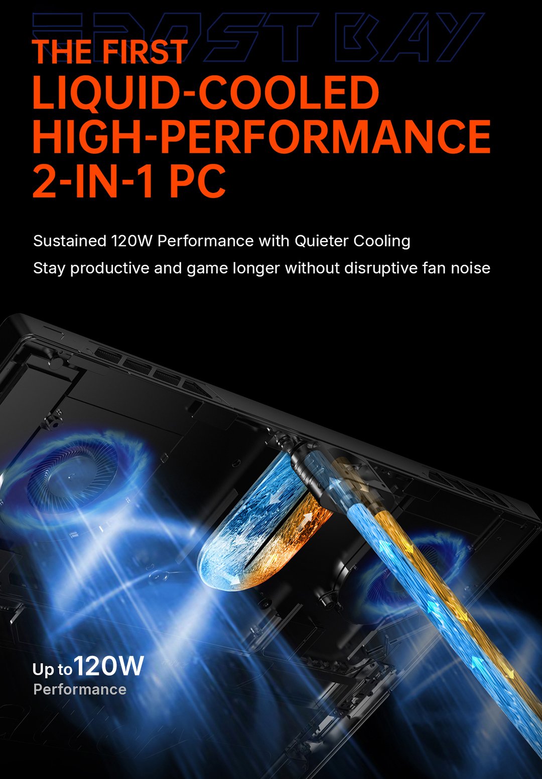 A promotional image for a liquid-cooled high-performance 2-in-1 PC shows internal cooling components with blue and orange liquid, featuring text 'Up to 120W Performance' and highlighting quieter cooling.