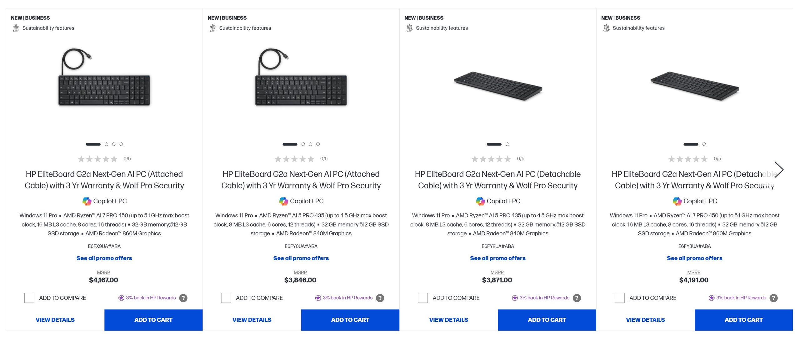 Une liste de produits présentant le HP EliteBoard G2a Next-Gen AI PC avec des options de câble fixe ou amovible, des processeurs AMD Ryzen AI, des graphiques AMD Radeon et des prix allant de 3846€ à 4191€.