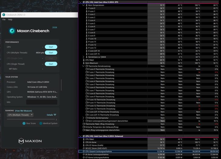 A benchmark screen with a Maxon Cinebench 2026.1.3 test showing an Intel Core Ultra 9 285H CPU scoring 4634 points and running with an NVIDIA GeForce RTX 5070 Ti GPU on Windows 11.