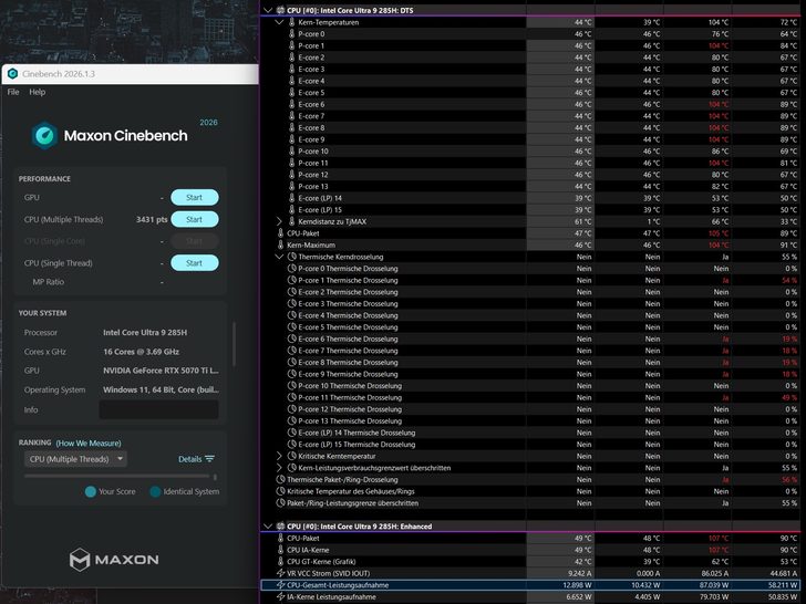 A Maxon Cinebench test shows an Intel Core Ultra 9 285H CPU scoring 3431 points with an NVIDIA GeForce RTX 5070 Ti and running Windows 11.