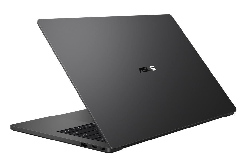 An ASUS laptop with a partially open lid, displaying the ASUS logo on the back of the screen.