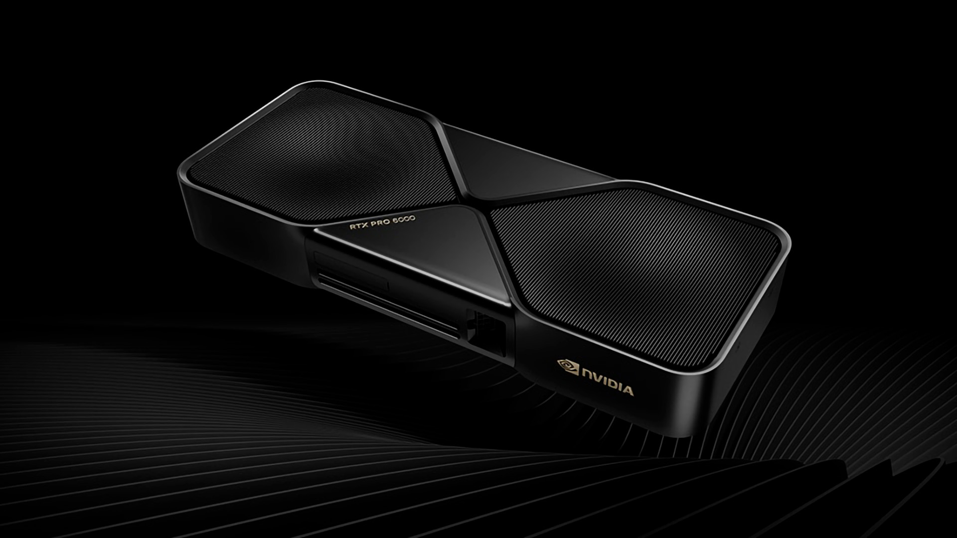 Une carte graphique NVIDIA RTX Pro 8000 noire au design épuré, sur fond sombre.