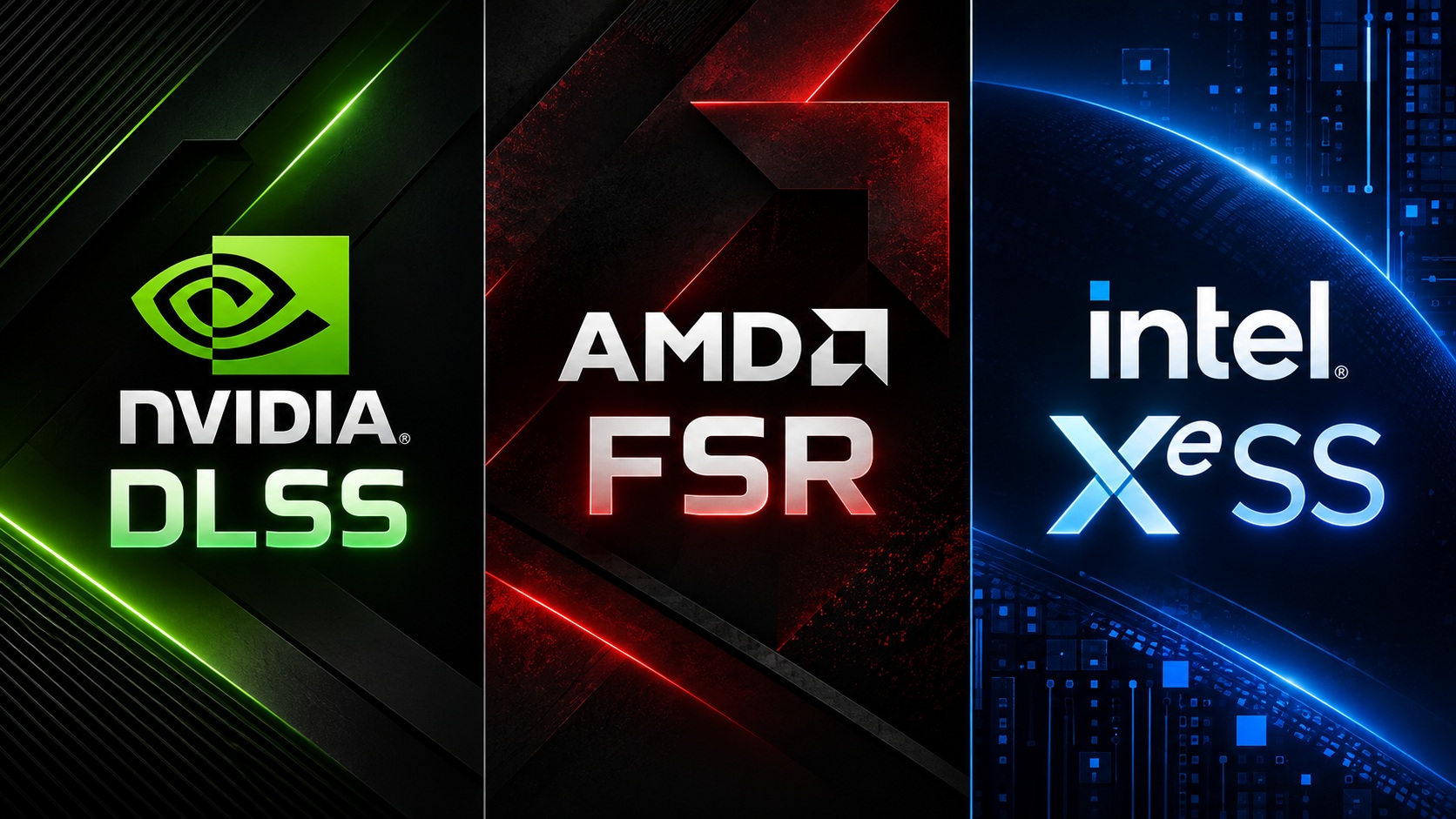 Logos de NVIDIA DLSS, AMD FSR et Intel XeSS côte à côte.