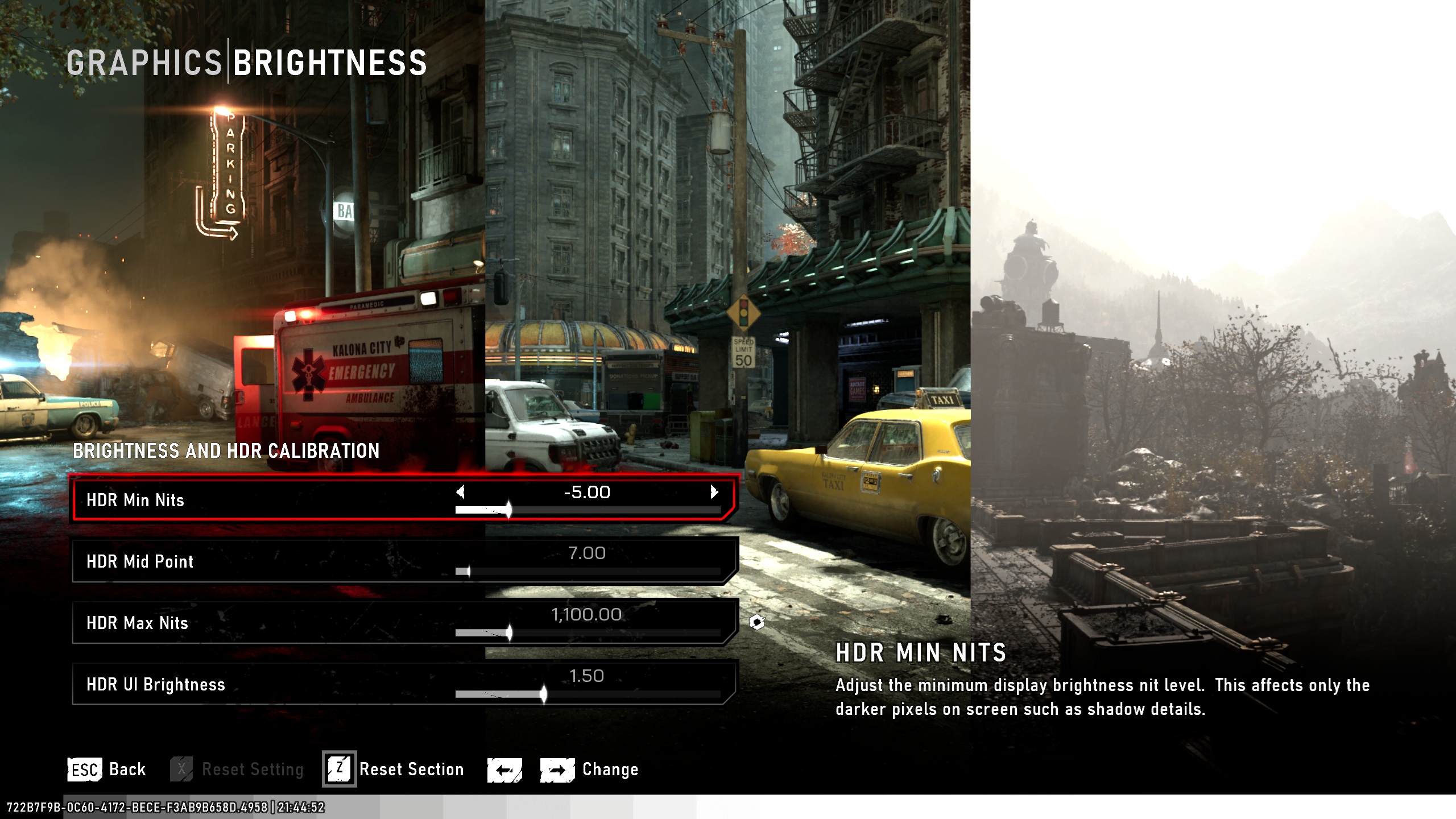 Menu de réglage de la luminosité HDR dans le jeu.