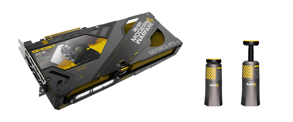 Une carte graphique NVIDIA GeForce RTX aux couleurs de Call of Duty Modern Warfare 4, avec des pompes de pression estampillées 'MW3'.