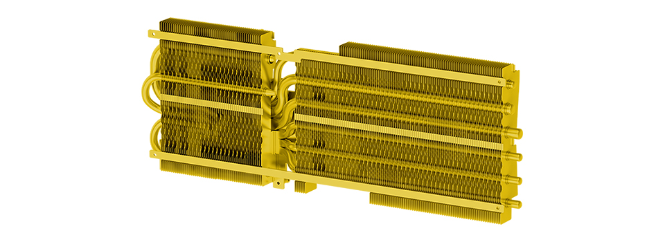 Vue détaillée en 3D du radiateur doré du GPU, avec ses multiples heat pipes et ailettes.