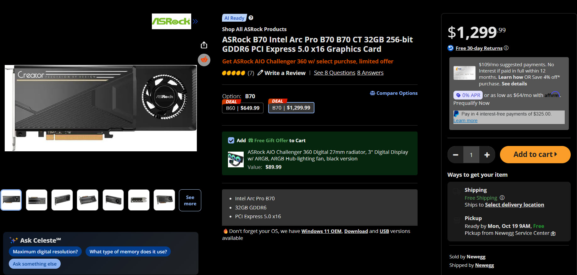 La carte graphique ASRock B70 Intel Arc Pro avec '32 Go GDDR6 PCI Express 5.0 x16' est listée à 1 299,99€ sur une page de vente en ligne, avec options de livraison gratuite et paiement en plusieurs fois.