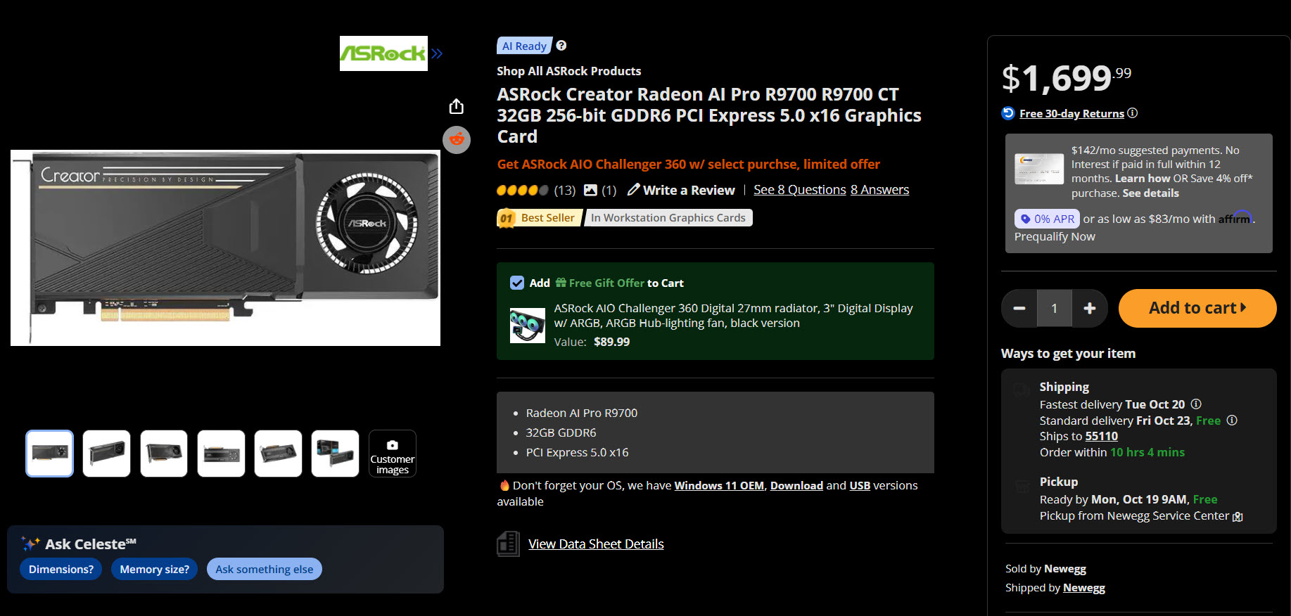 La carte graphique ASRock Creator Radeon AI Pro R9700 CT 32 Go est affichée avec ses spécifications détaillées et options d'achat, au prix de 1 699,99€.
