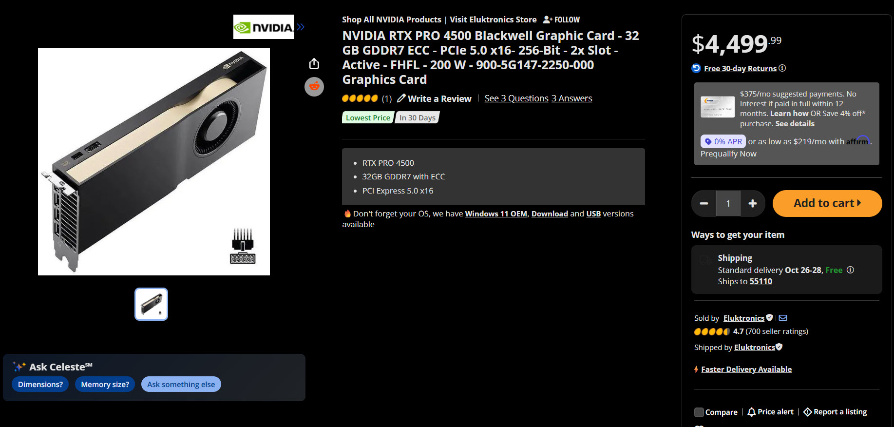 L'image montre une carte graphique NVIDIA RTX PRO 4500 Blackwell avec 32 Go de mémoire GDDR7 ECC, interface PCI Express 5.0 x16, au prix de 4 499,99€ sur une page de boutique en ligne.