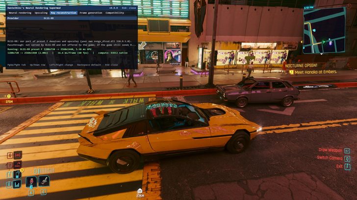 Capture de 'Cyberpunk 2077' montrant la même scène avec 'Ray reconstruction' activé.