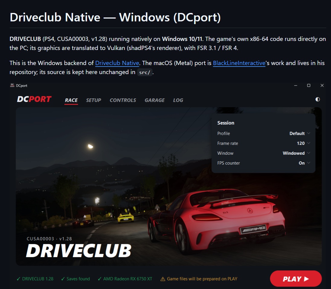 L'écran montre 'DRIVECLUB' fonctionnant sous Windows dans l'interface de 'DCport' avec une Mercedes AMG visible, et un menu 'Session' affichant 'Frame rate 120' et 'Windowed'.