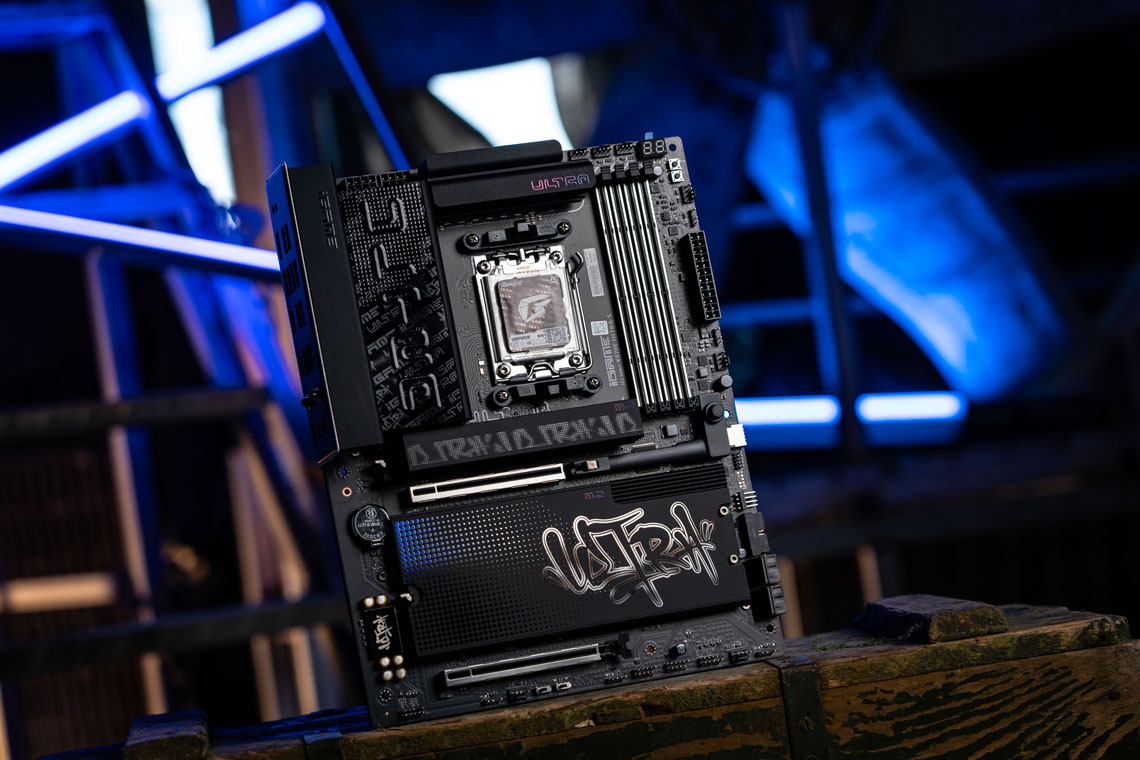 A Gigabyte Z790 AORUS XTREME motherboard is displayed in a dynamic angled setting with neon lights in the background.
