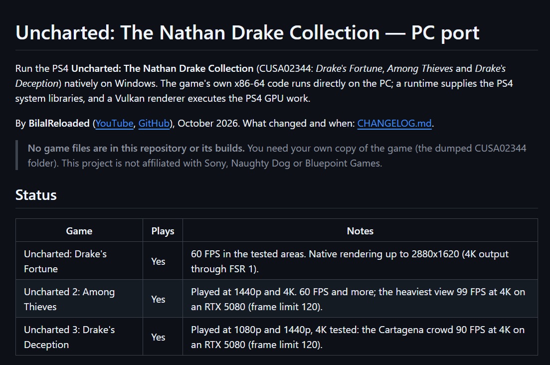 Un tableau intitulé 'Uncharted: The Nathan Drake Collection — PC port' détaille les performances des trois jeux sur PC, mettant en avant les fréquences d'images et résolutions obtenues avec une carte RTX 5080.