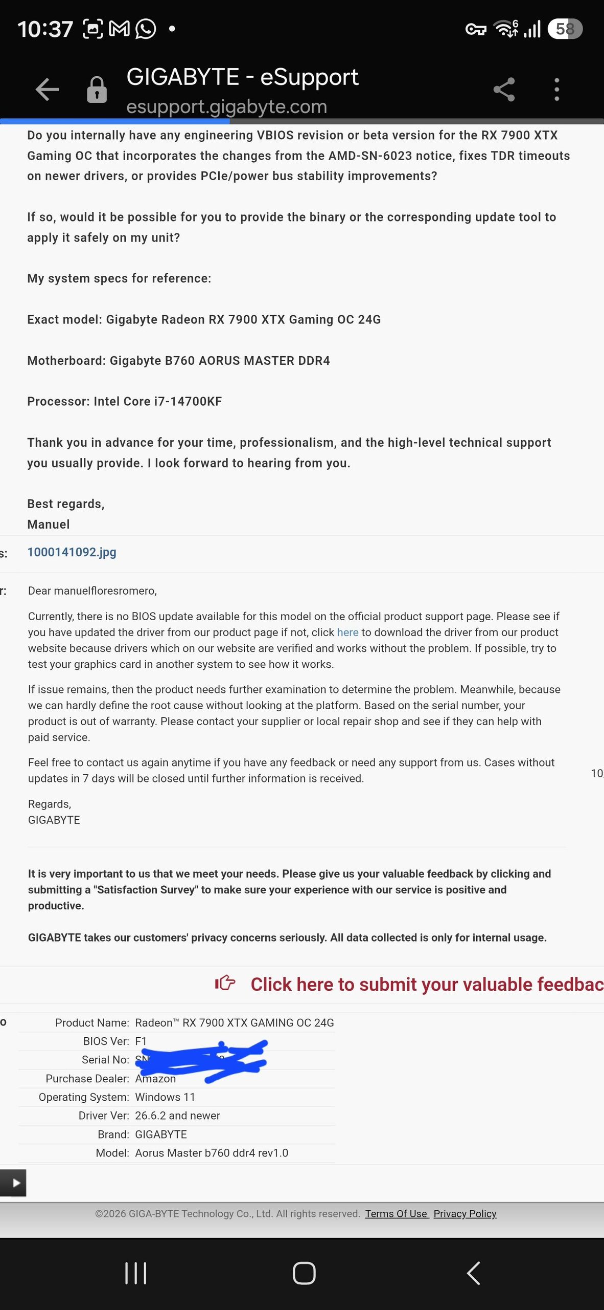 A Gigabyte eSupport page displays a user's inquiry about VBIOS updates for the Gigabyte Radeon RX 7900 XTX Gaming OC 24G, listing system specs including a Gigabyte B760 AORUS MASTER DDR4 motherboard and Intel Core i7-14700KF processor, along with a response stating no available BIOS updates for the model.