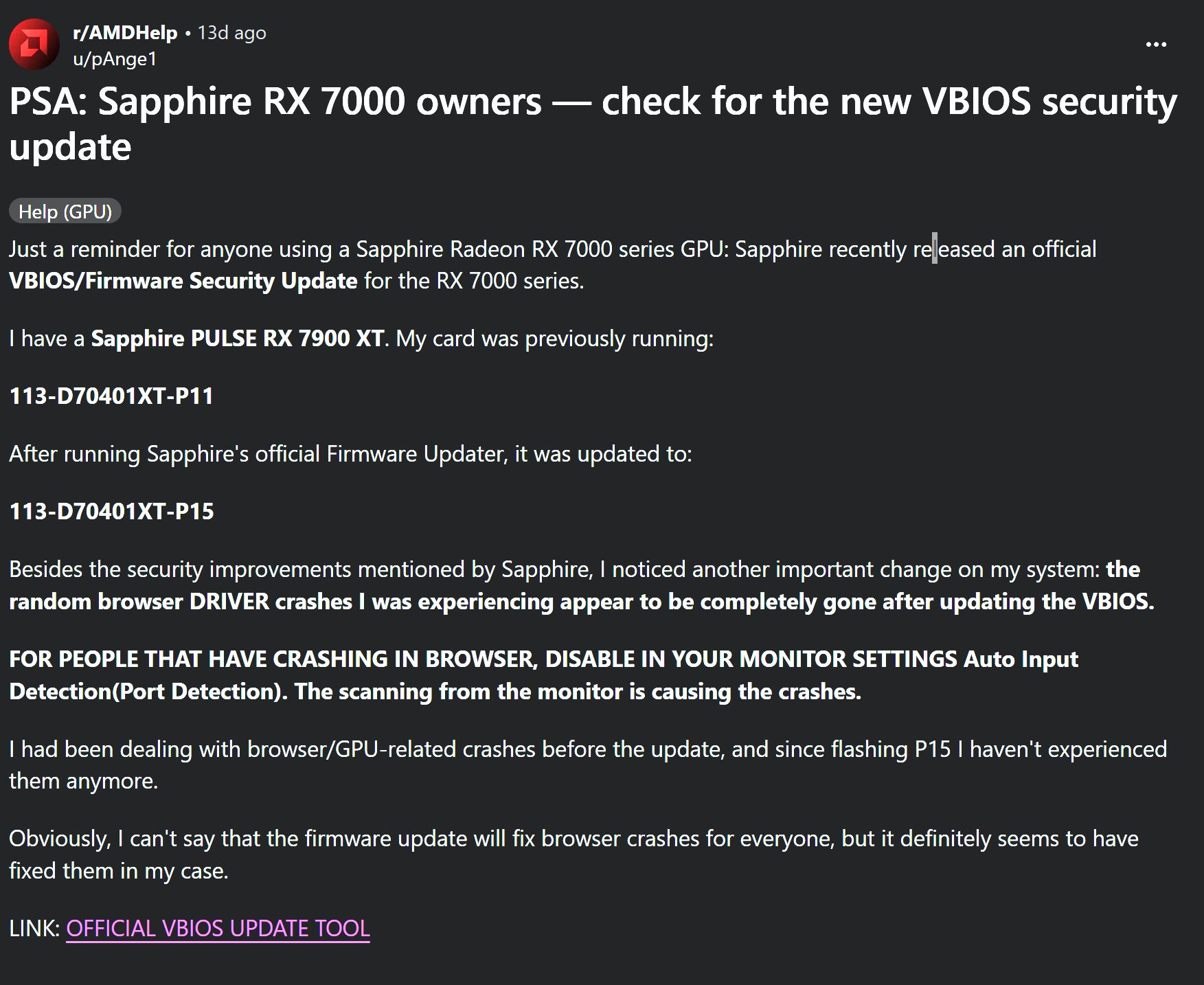 A Reddit post titled 'PSA: Sapphire RX 7000 owners — check for the new VBIOS security update' highlights a VBIOS/Firmware Security Update for Sapphire Radeon RX 7000 series GPUs, mentioning an update from '113-D70401XT-P11' to '113-D70401XT-P15' and noting a resolution for random browser driver crashes.