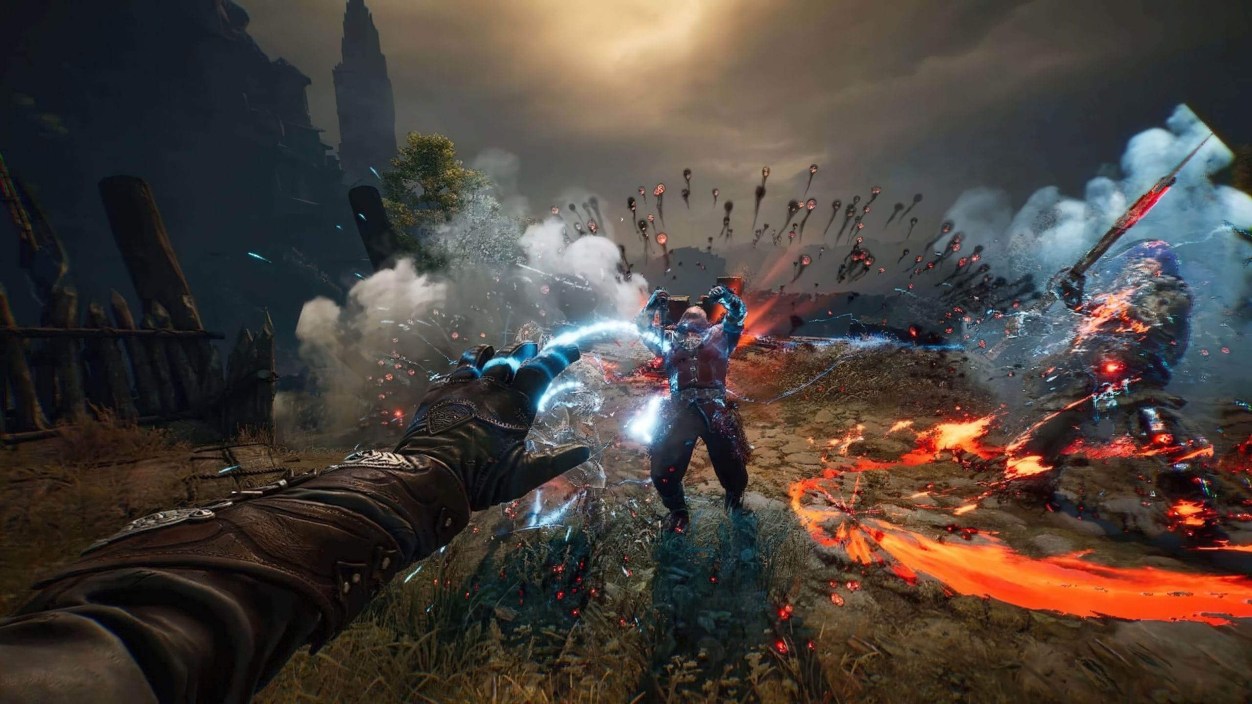 Un personnage dans le jeu Witchfire lançant un sort magique sur un ennemi dans une scène de combat dynamique.