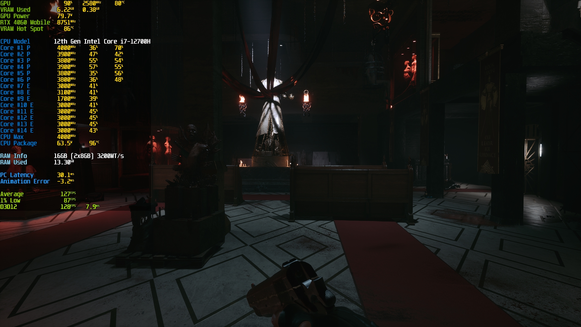 Une scène de jeu montrant un personnage tenant une arme dans une pièce sombre, avec des métriques de performance affichées.