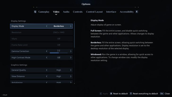 Le menu des paramètres vidéo d'un jeu.