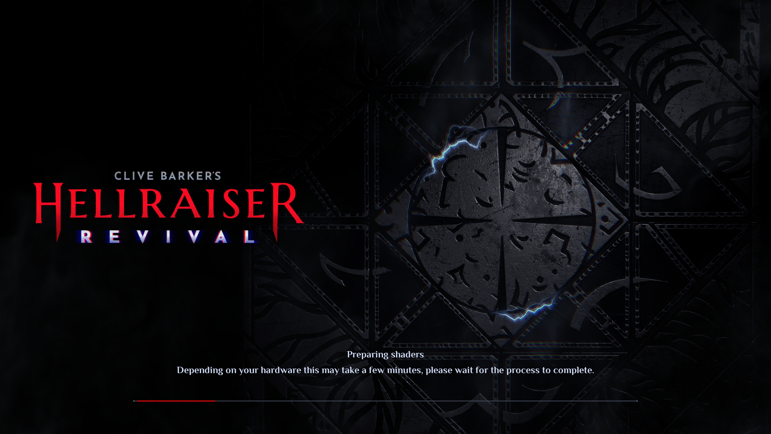 L'écran de chargement du jeu affiche le texte 'Préparation des shaders' sur un fond géométrique sombre.