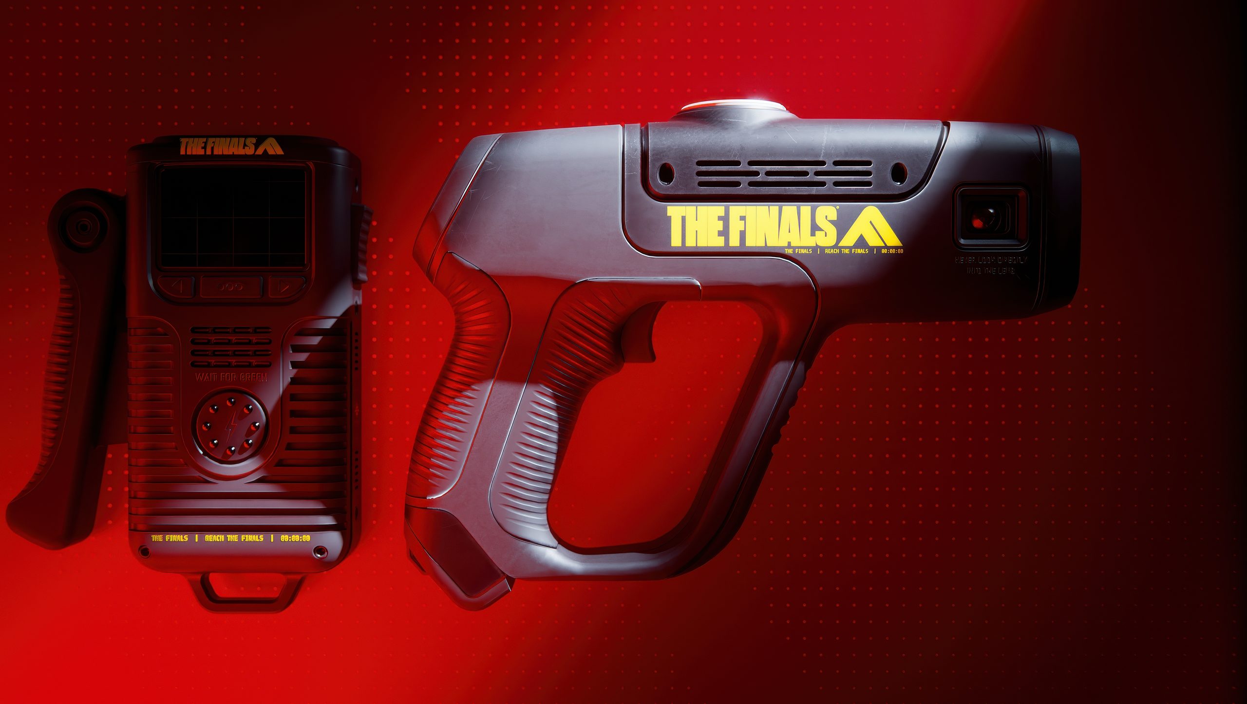 Une manette de jeu étiquetée 'THE FINALS' est affichée sur un fond rouge, avec une gâchette proéminente et une poignée texturée.
