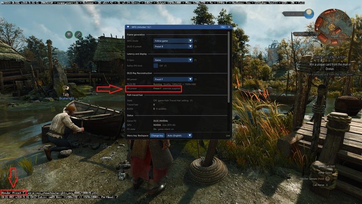 Un personnage dans The Witcher 3 est montré près d'une rivière avec une superposition des paramètres 'MFG Unlocker 1.6.1', comportant 'DLSS RR' et 'RR preset' avec 'Preset F override supplied' visible.