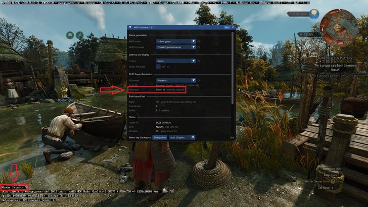 Un écran de The Witcher 3: Wild Hunt montre un panneau de modification des paramètres pour DLSS Super Resolution avec 'SR preset' défini sur 'Preset M_override supplied' et un PNJ nommé 'Talk: Boatwright'.